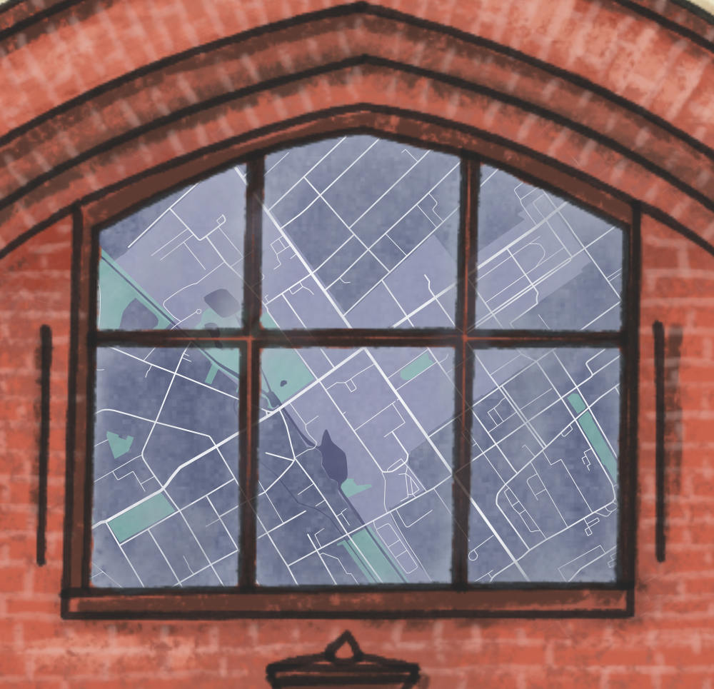 Mapa ulic Żyrardowa w konie budynku z czerwonej cegły - ilustracja.